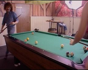 Brunette German doll sucks dick by the pool table