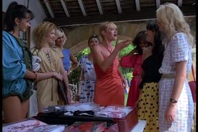 Retro rich man arranges a party with beautiful vintage young sluts