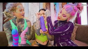 Two dominant European dominas fill Goth chick's holes with toys
