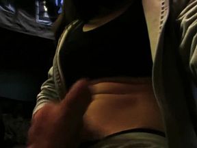 Trans girl in sweatpants cums on mirror