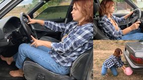 Kate revving and popping balloons with exhaust pipe