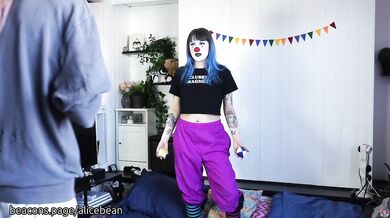 Blue haired clown girl gets pantsed in BTS fetish fun