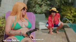 Nami Cosplay MILF Blows Luffy's Mind by the Pool
