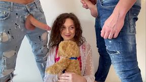 Skiny Teen Blonde Gagged and Deep Throated by Two Big Cocks