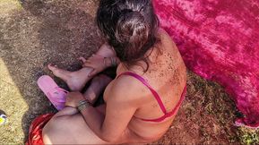 Hot Village Indian Aunty in Red Bra Panty Fucked Outdoor by His Step Son Hindi Sex Video