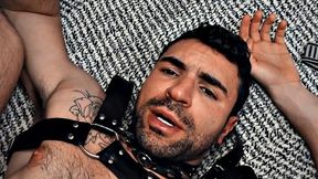 Hairy gay in leather harness barebacked in closeup video