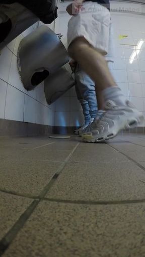 Amateur Boys in Sneakers Wank and Try Handjob in Public Toilets' Urinal