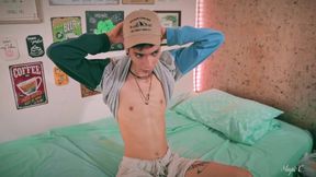 Sport twink’s throbbing cock bursts through shorts as he jerks to a sticky finish
