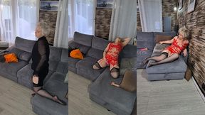 bas porte jarretelle string en solo avec mon gode et mon vibro je joue avec ma ...