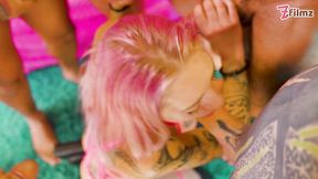 Tattooed Teen gets double anal DP and cums