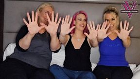 Amazon Seeshelle, Vicky, and Savie compare and measure hands