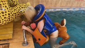 Alla wears a rare inflatable vest and passionately fucks an inflatable deer in the pool.
