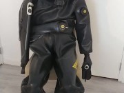 Breath play in heavy rubber Viking drysuit dry diving suit, latex gasmask, neoprene hood