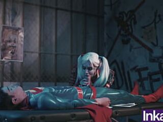Superman destroys Harley Quinn's rectal hole and gives her an anal creampie.