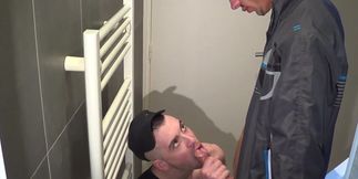 Giving him a deepthroated blowjob in the bathroom