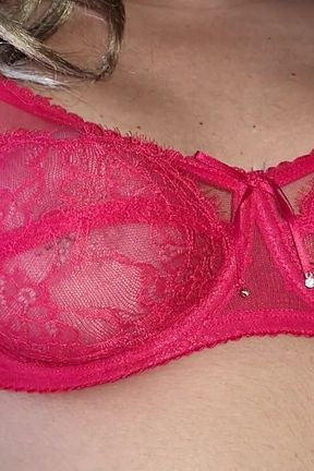 Sensual Red Lace Bra, Spandex Gloves, Caressing My Round and Firm Tits