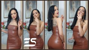 Smoking in a brown leather dress and golden jewelry