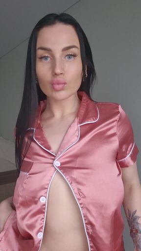 Woman with natural saggy boobs enjoys herself