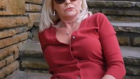 Hot blonde MILF blows cock in pantyhose