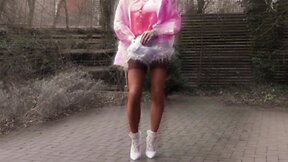 Sissy in satin petticoat and nylon stockings cumshot