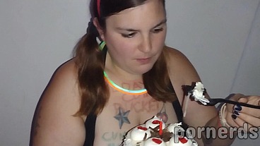 Nasty slut Scarlett eats 11 loads on her Birthday Cake at adult video arcade!