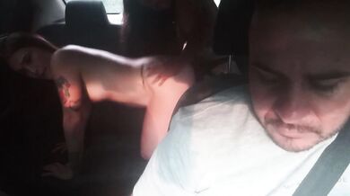 Stepbrother's bride rides my strap-on in the Uber on all fours