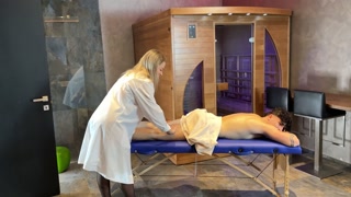 Nasty masseuse gives boy monster cock handjob till he cums