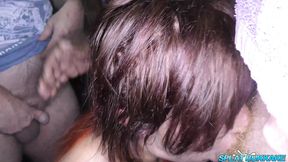 Busty UK MILF sucks hefty cock deep and takes bukkake