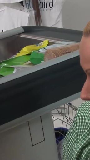 Captivating moment from &quot;A grocery store foursome begins when the two blonde milfs tease their customer with their big boobs&quot;