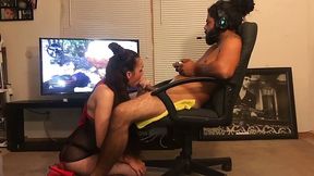 Long-haired brunette sucks her BF's cock while he tried to play Black OPs 4