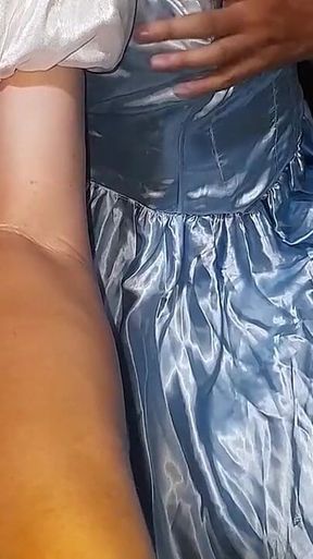 Crossdresser Cum Wearing Elegant Satin Ball Gown