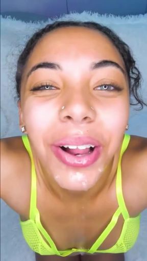 Ebony porn star with braces gets a cum in her mouth while being a teen
