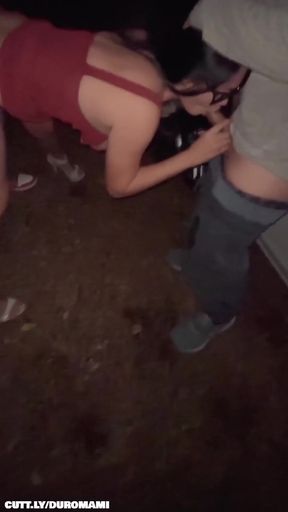 Hot wife gets gangbanged in public leading to a messy creampie cum shot finish