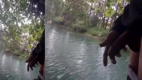 Twink moaning with thick cum string stuck on hand outdoor cum play