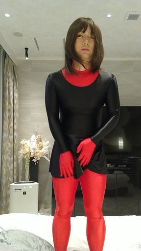 A cross-dressing boy changes into red full-body tights and masturbates   Clip 1