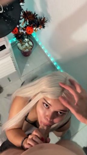 Spell of Desire: the blonde witch doing her deep Halloween blowjob