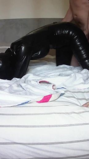 Another video with condom catsuit and high heels, I have my mouth and pussy roughly fucked