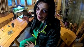 green downjacket tease smoking, humiliation & messy cum play