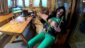 green downjacket tease smoking, humiliation & messy cum play