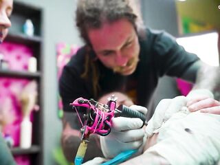 Tattooed Pair Screw with Large Rods Perky Gets Inked Foursome