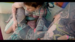 Tattooed punk with big cock gets double blowjob and fucked hard