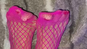 Sexy Asian Small Feet With Long Toes in Red Fishnet Stockings