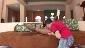 Busty ebony girlfriend gets a reverse cowgirl blowjob before getting