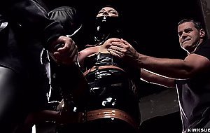 Slave trainee in latex mouth fucked