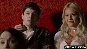 Teen GF blows boyfriend in cinema, stepmom watches