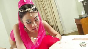 Her uniform stays on as she pleases him &mdash;  his hands massage her sensitive peaks during the act