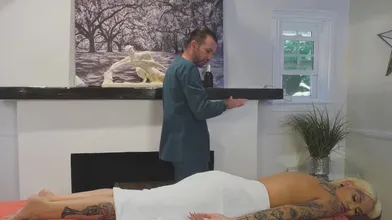 The Inked Busty Shemale Gives A Blowjob Before Being Bred By The Masseuse