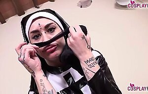 Horny tattoed Italian nun Denise takes off her pantyhose after getting horny, all the time talking t