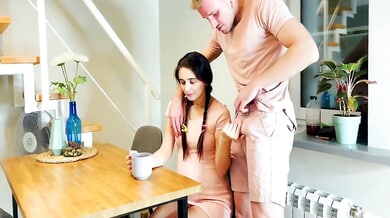 Russian brunette Kate Rich swaps coffee for deep throat and hard sex with Leo Dee