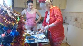 Erotic New Year's Eve cooking in a thong and beautiful lingerie